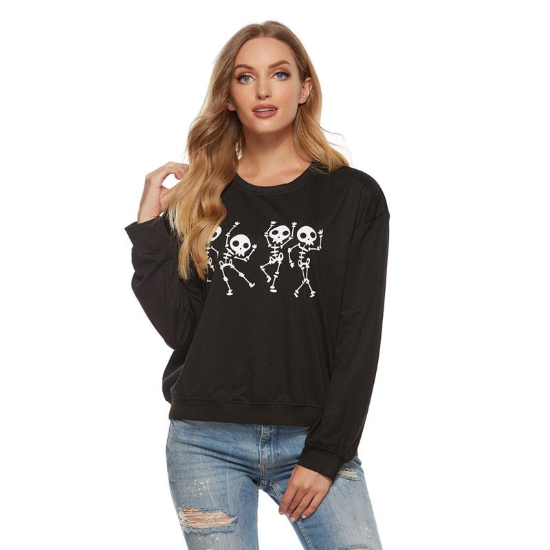 T-shirts d'automne pour femmes, col rond, manches longues, couleur unie, imprimé dessin animé, hauts décontractés pour femmes, t-shirts noirs pour femmes