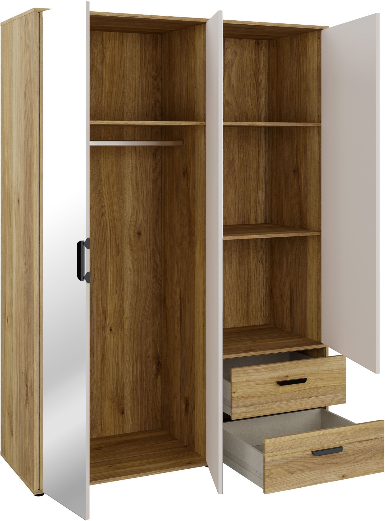 Armoire de chambre - MOKKARO - Décor Chêne et sable - 3 portes battantes - 2 tiroirs - 2 miroirs - L144,4 x P52,7 x H200cm