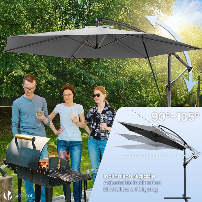VOUNOT® Parasol déporté inclinable avec sangle de fixation 3M Gris - Rotatif 360° - Inclinaison réglable - Housse de protection