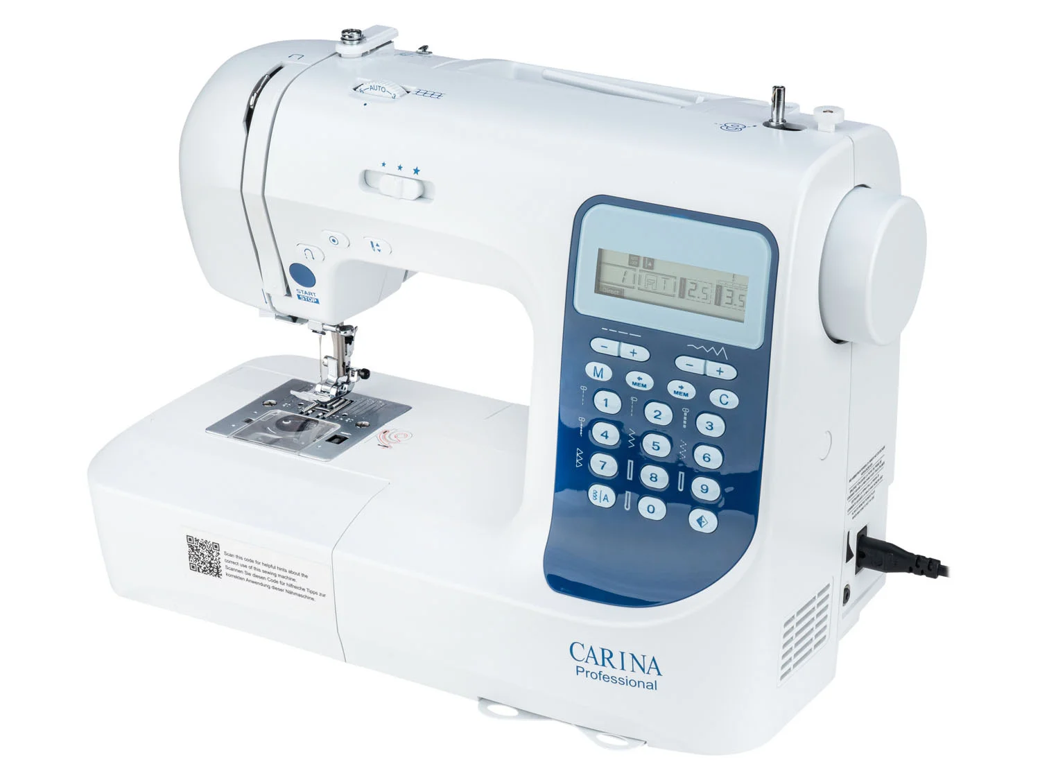 Máquina de costura profissional computadorizada Carina, com auxiliar para passar a linha.