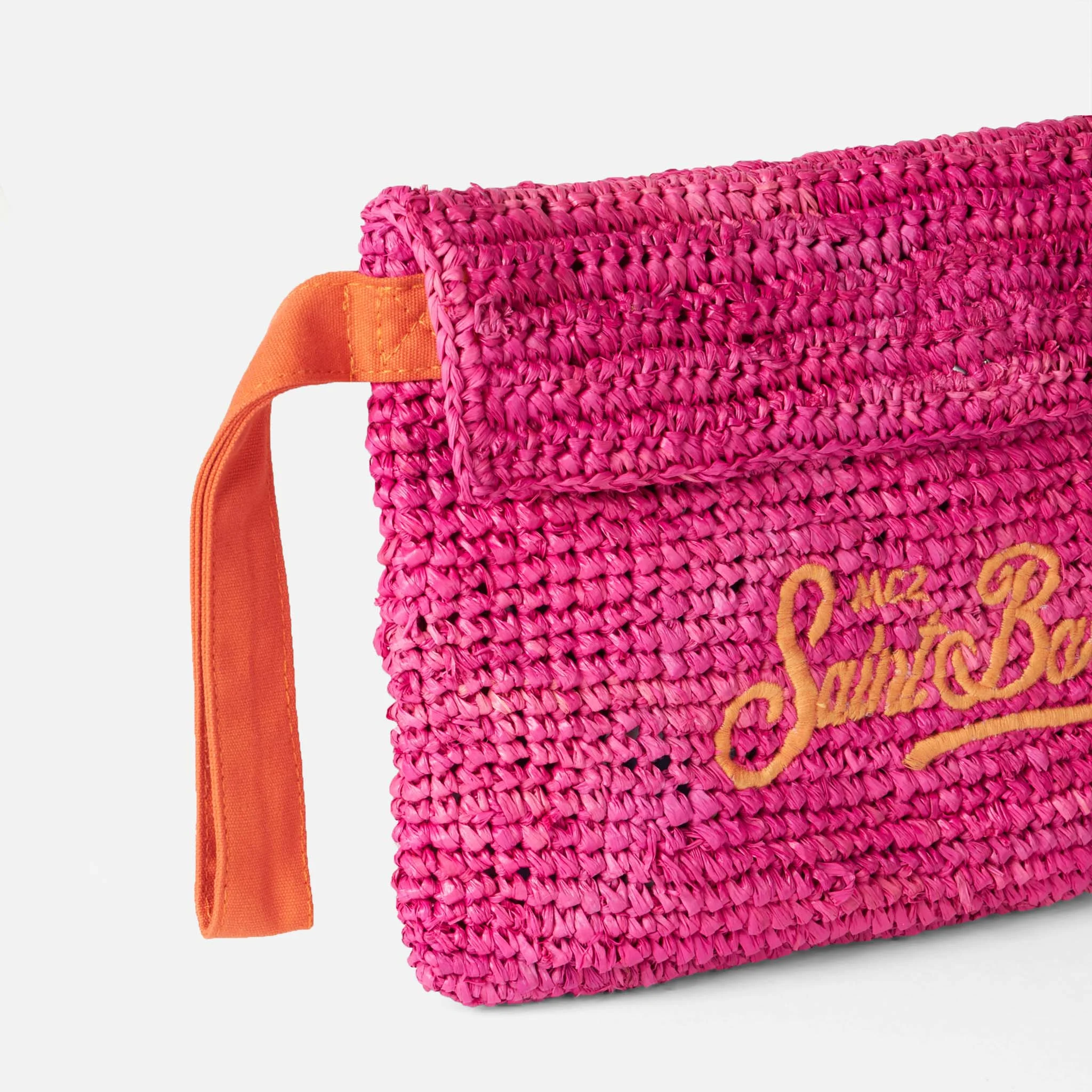 Raffia fuchsia etui met oranje Saint Barth-borduurwerk en polsbandje | MC2 Saint Barth