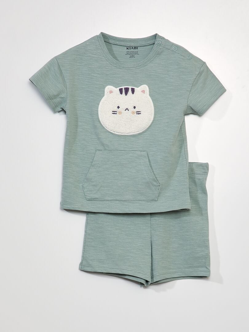 Pijama corto - Estampado de gato - 2 piezas - VERDE