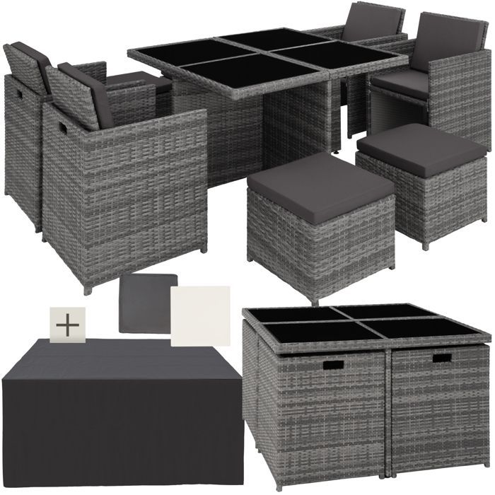 Salon de jardin - TECTAKE - Ensemble détente repas d'extérieur MANHATTAN 8 personnes pliable et encastrable résistant - Gris