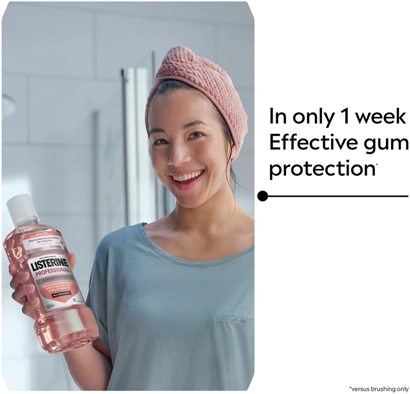 enxaguante bucal Listerine Professional Gum Protection+ protege os dentes e as gengivas.