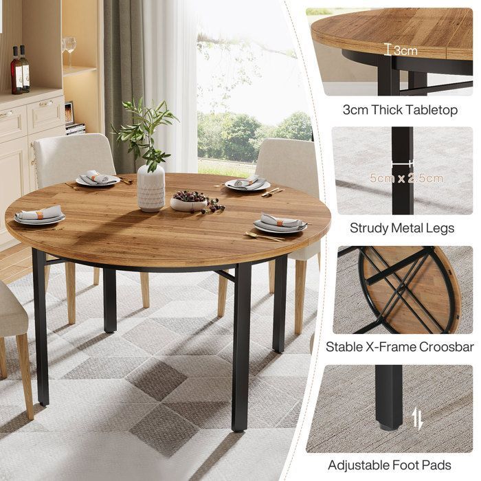 Round Dining Table, Little Tree, 118.5×118.5×76 cm, Kitchen Table with Solid Metal Legs for 4 to 6 People, Brown