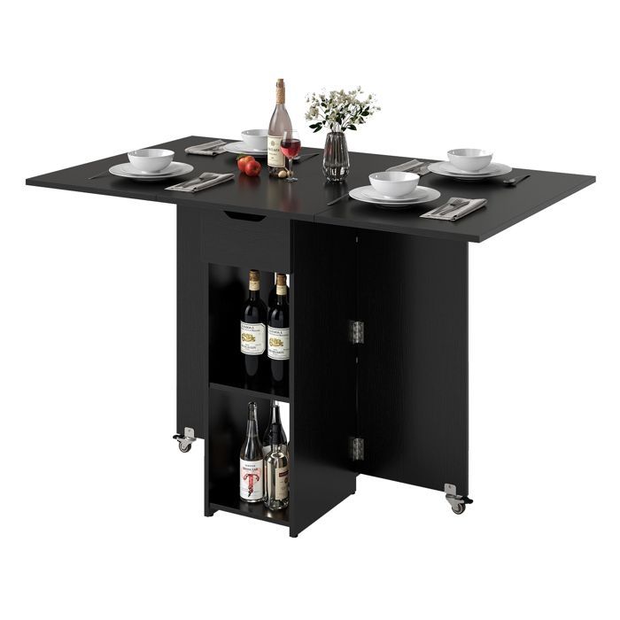 Table de Cuisine Pliable 4-6 Personnes - LIFEZEAL - Tiroir et 2 Etagères - 2 Roues - Table à Manger Extensible 120X72X75CM - Noir