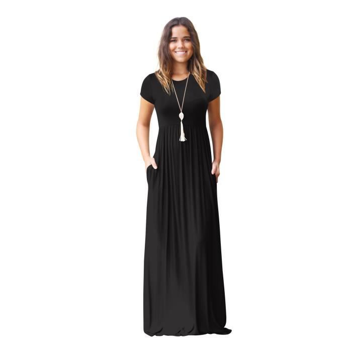 Vestido largo de verano para mujer, cuello redondo, color liso y con bolsillos.