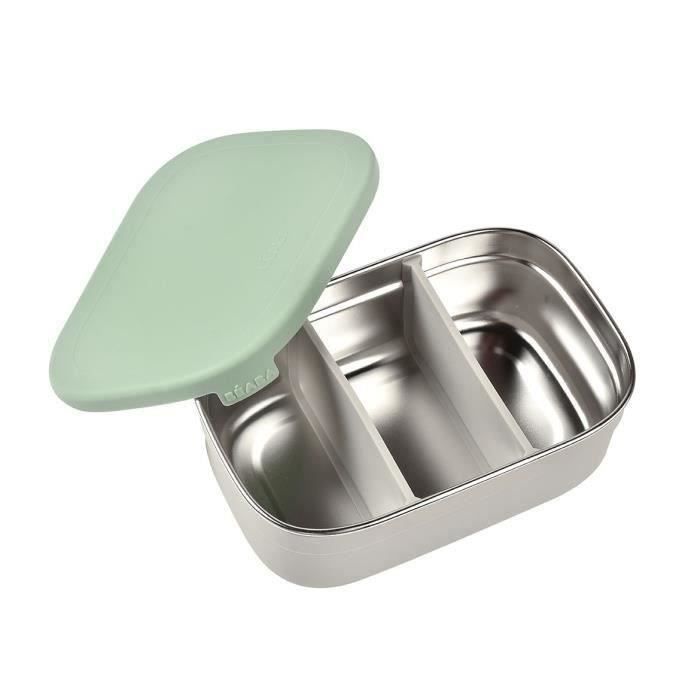 BEABA, portapranzo per bambini in acciaio inox con coperchio in silicone e copertura protettiva, grigio velluto e verde salvia