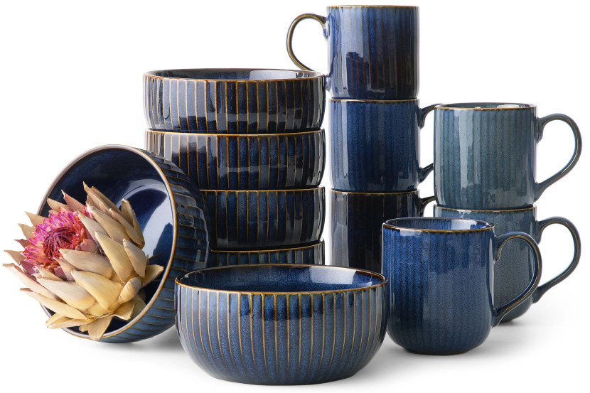 KONSIMO AD STRIPES zestaw śniadaniowy 6 os. (12 el.) porcelana, granatowy