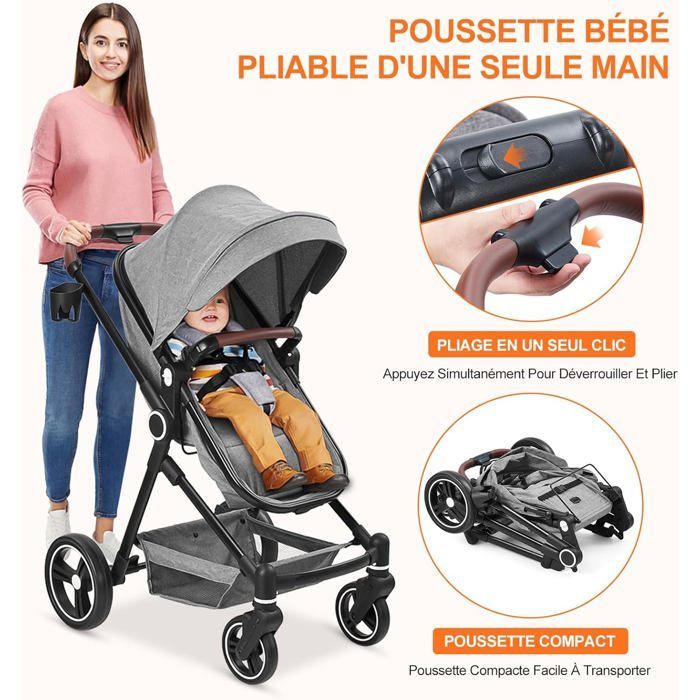 Cochecito 2 en 1, compacto, ligero y plegable con asiento reclinable, Bébé Confort Stroller para bebés de 0 a 3 años, gris.