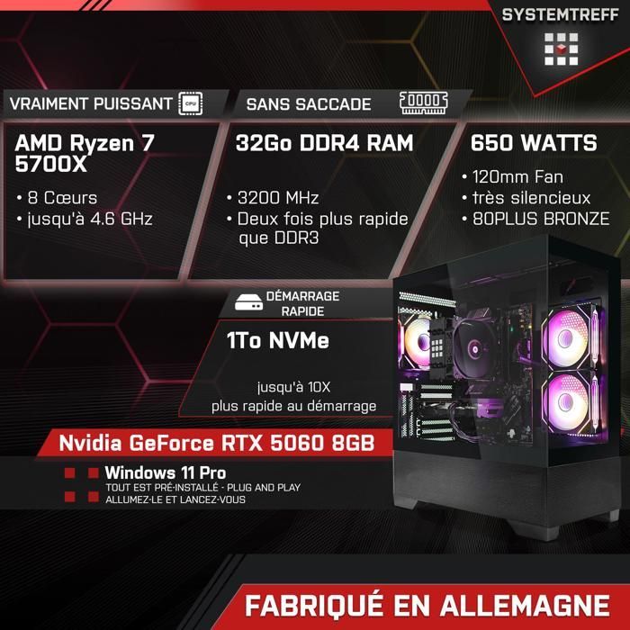 PC Gamer - AMD Ryzen 7 5700X - Nvidia GeForce RTX 5060 8Go - 32Go RAM - 1To M.2 NVMe - Windows 11 - WiFi-46