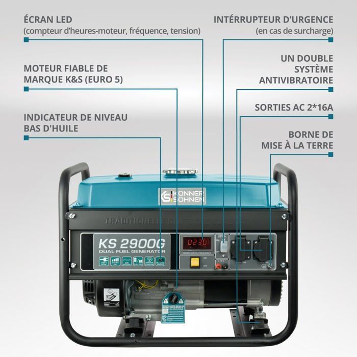 Groupe électrogène à essence-gaz KS 2900G Könner & Söhnen, puissance max 2900W, démarrage manuel, régulateur AVR, affichage LED.