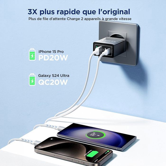 Carregador rápido USB-C de 40 W, carregador multi-USB de 4 portas com PD QC3.0, adaptador de energia USB-C compatível com iPhone -