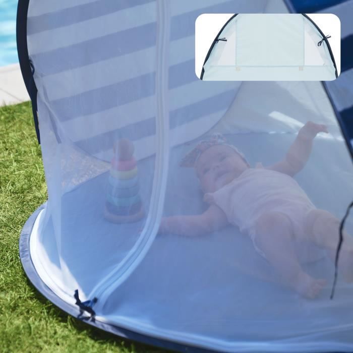 Tenda Babymoov con protezione UV SPF 50+ a righe e zanzariera integrata.