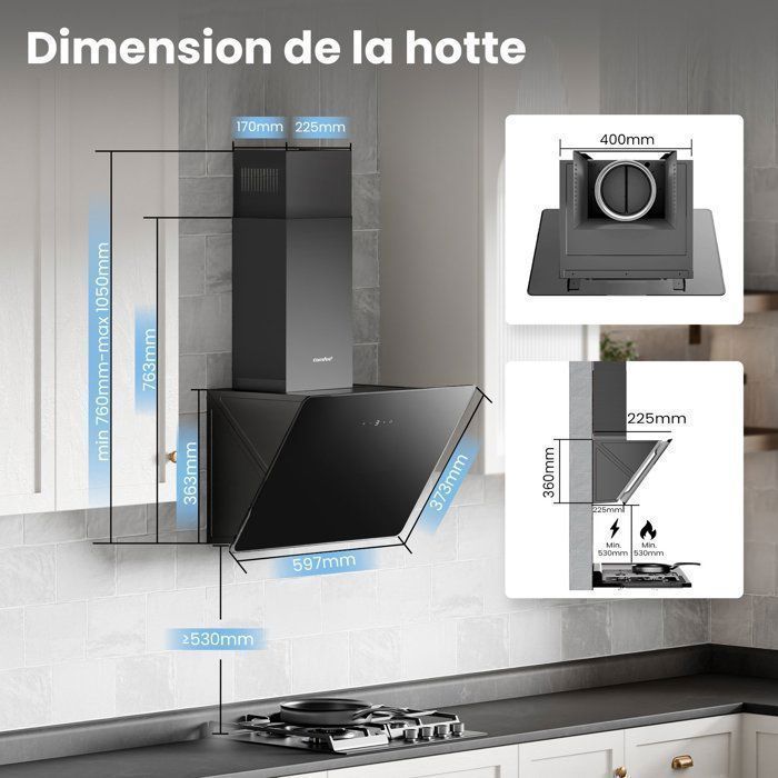Cappa aspirante angolare Comfee da 60 cm - 400 m³/h - Comandi touch - 3 velocità - 2 filtri a carbone - Vetro nero
