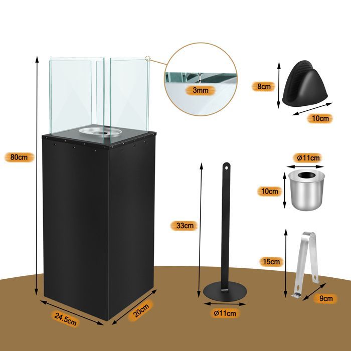 Chimenea de bioetanol Aufun con soporte, 80x24,5x20 cm, para interior, exterior, hermosas llamas, suelo, terraza, plaza.