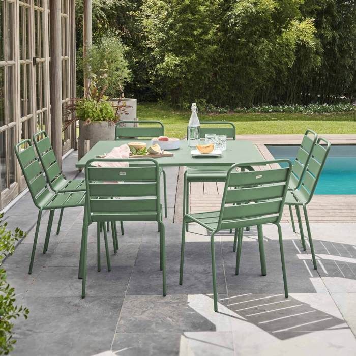 Conjunto de mesa e 8 cadeiras de jardim Palavas em metal verde sálvia, Oviala