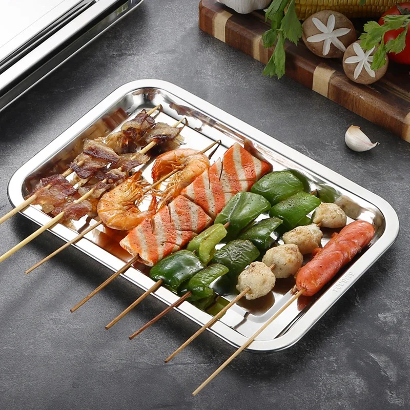 Plateaux de service rectangulaires en acier inoxydable 316 pour barbecue, thé, riz vapeur, saucisses, grillades, ustensiles de cuisine en métal.