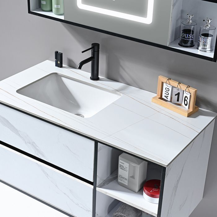 Mobile bagno con lavabo singolo da 100 cm effetto marmo bianco con specchio a LED e colonna contenitore LB-6948 LuxuryBain-