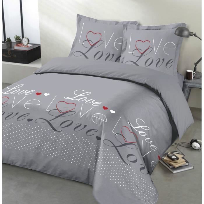 Juego de funda nórdica VISION Love - 100% algodón - 1 funda nórdica de 240 x 220 cm + 2 fundas de almohada de 65 x 65 cm - Gris