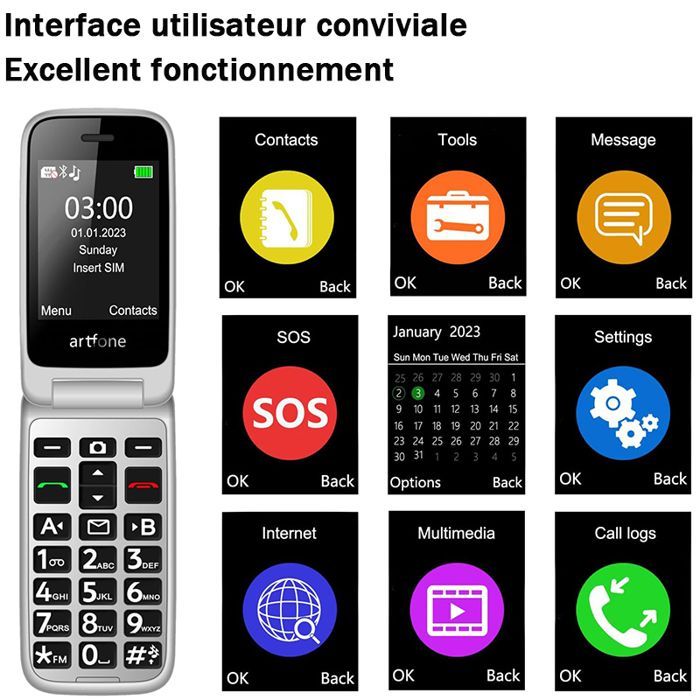 artfone G6 4G Téléphone portable pour personnes âgées - Grandes touches, Lampe Torche, Batterie 1300mAh, Double SIM, Bouton SOS