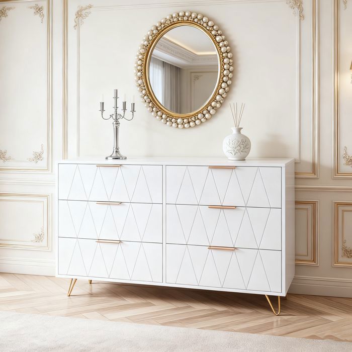 Commode à 6 Tiroirs - COZY - Blanc - Pieds Or - Anti-chute - 100x34x72cm