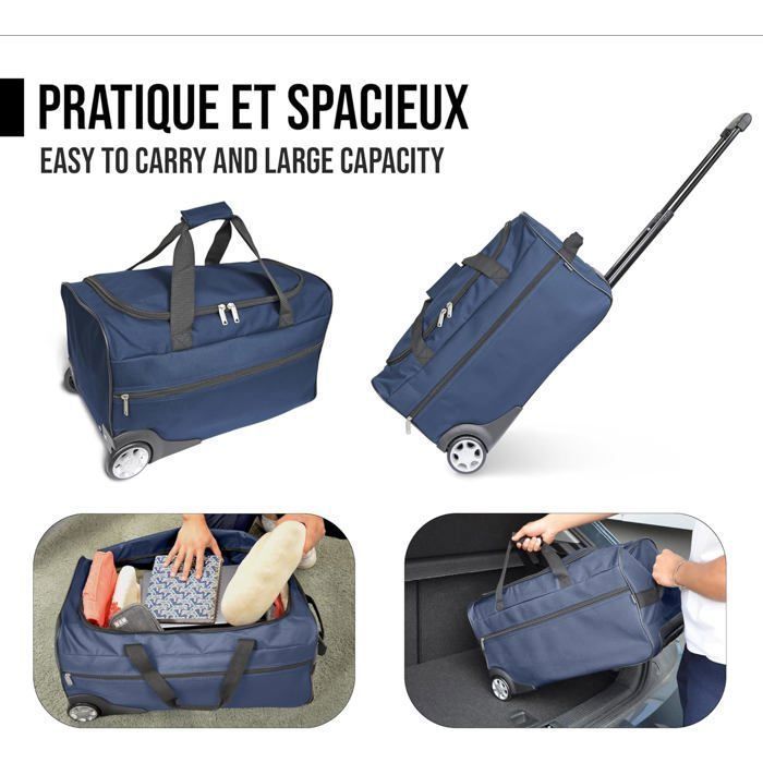 Sac de Voyage Trolley Bleu - Sac à roulettes, canne télescopique, compartiment spacieux, poche zippée, idéal week-end