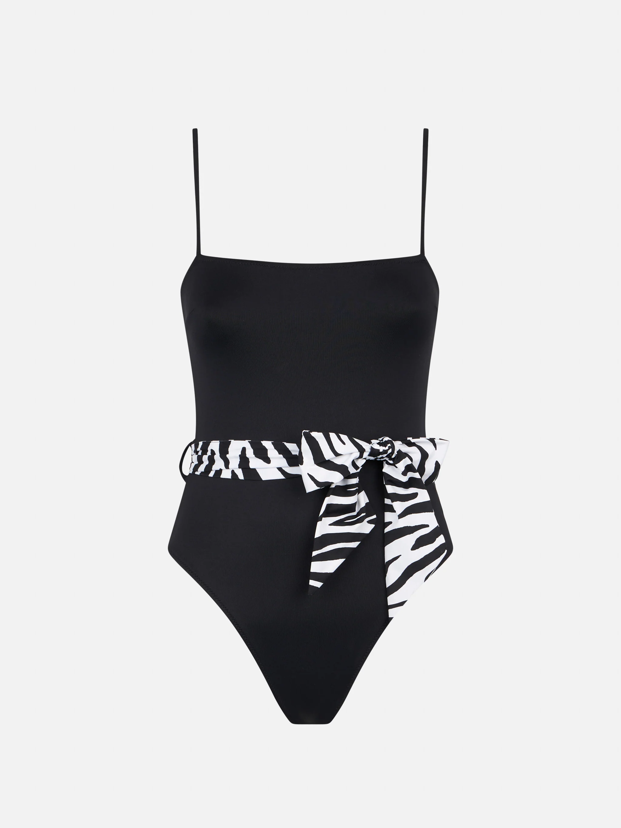 Zwart badpak uit één stuk met zebraprintband.