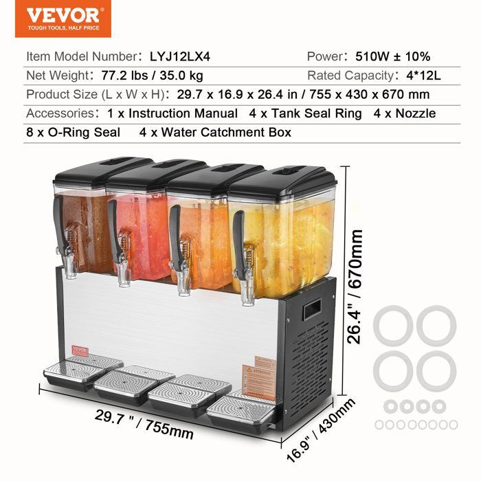 Dispensador de bebidas comercial - VEVOR - 510W - Dispensador de zumos con 4 depósitos de 12L - Restaurante, bar