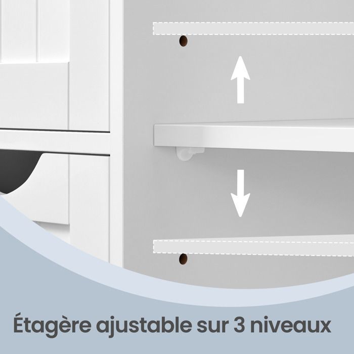 Meuble Salle de Bain Rangement, Gain de Place, Commode, avec 4 Tiroirs, Placard avec Porte, Étagère Réglable, Blanc Nuage