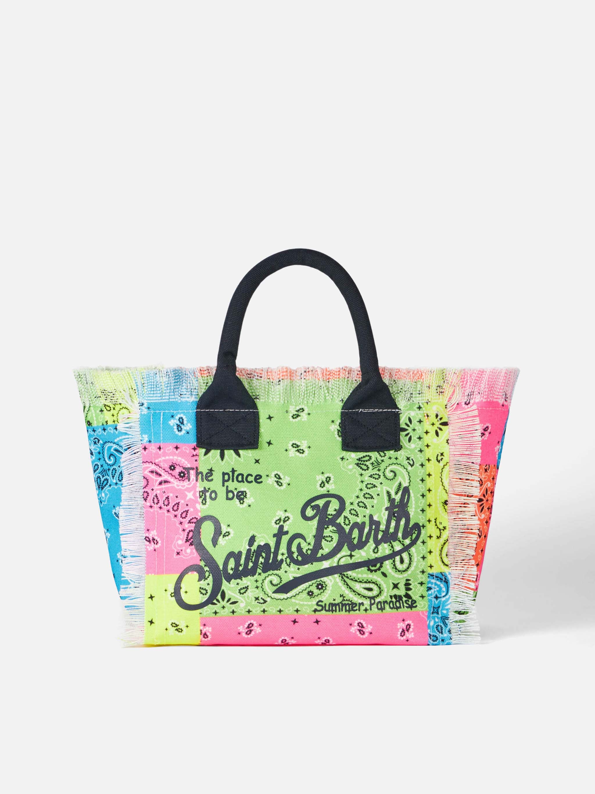 Colette Cotton Fluo Multicolor Canvas Fringed Handbag | Bandanna All-Over Print | Logo | Inside Pocket with Zip | 100% Cotton | MC2 Saint Barth