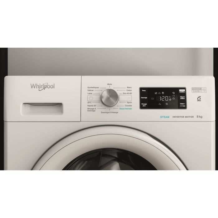 Lave-linge hublot WHIRLPOOL FFBS8469WVFR FreshCare - 8 kg - Induction - L60cm - 1400 trs/min - Classe A - Blanc