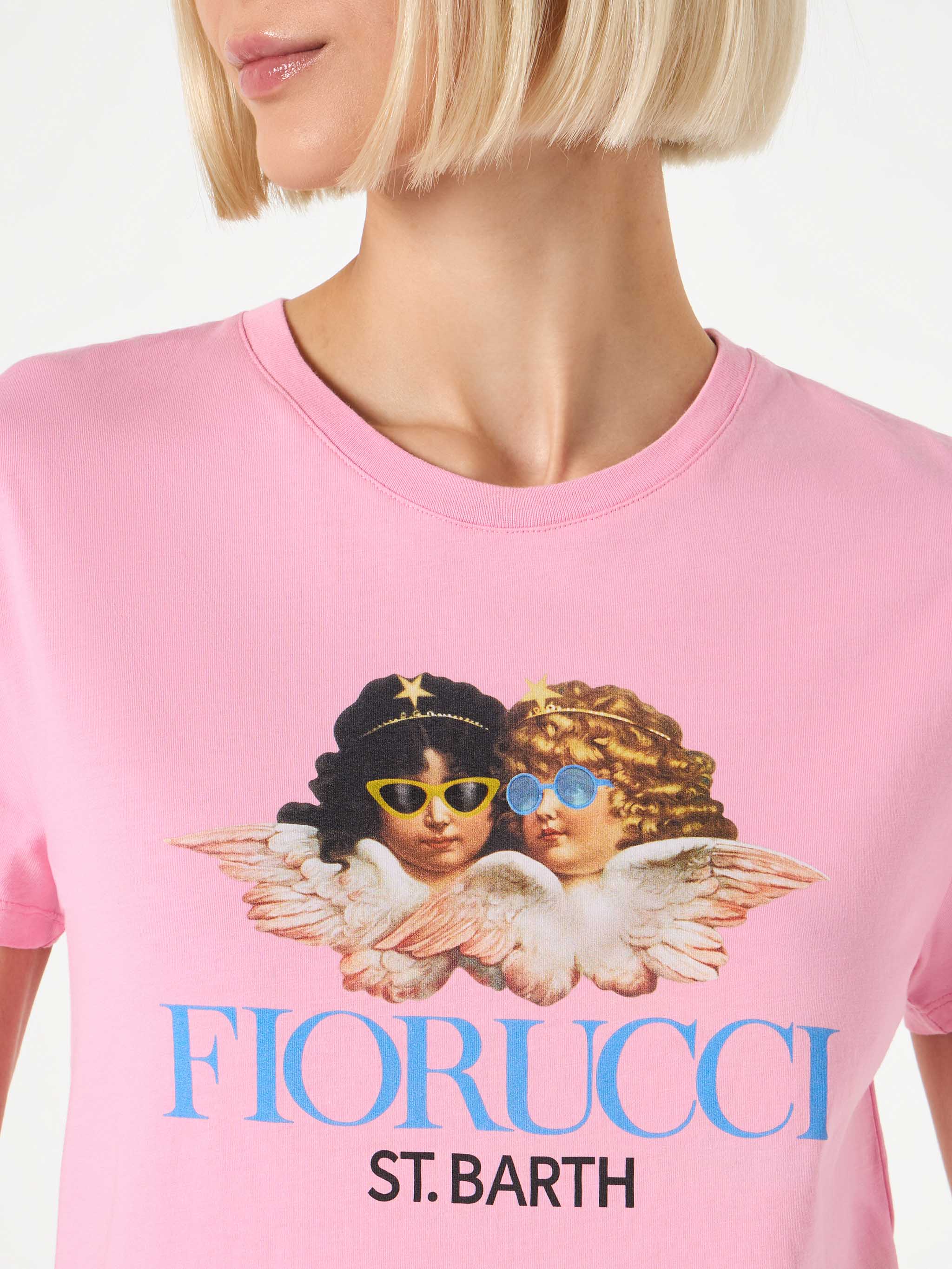 Woman Pink Cotton T-shirt with Fiorucci Special Edition, St. Barth Logo, Round Neck, Short Sleeves | Fiorucci Special Edition | MC2 Saint Barth