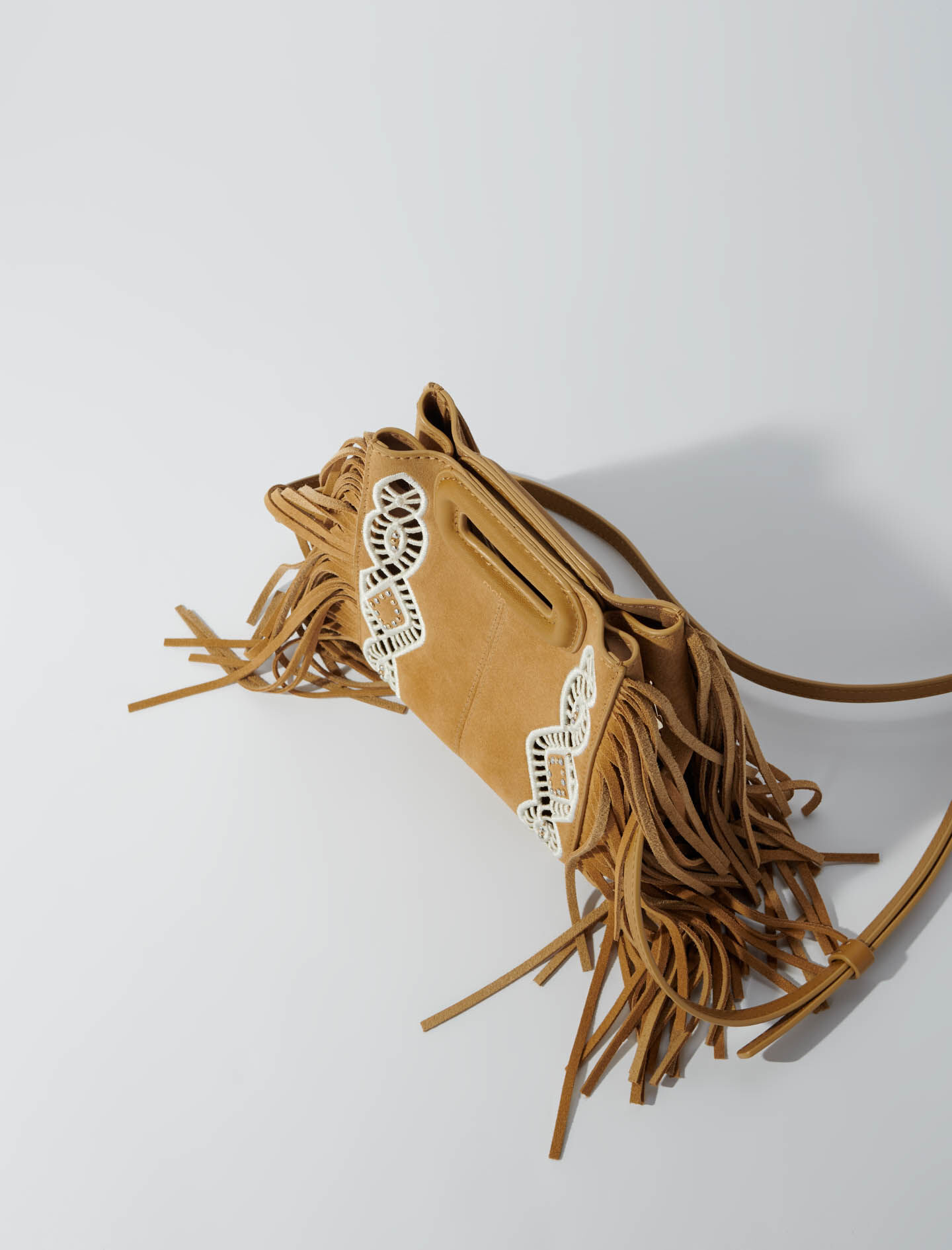 Geantă mini din piele întoarsă brodată cu franjuri - Camel