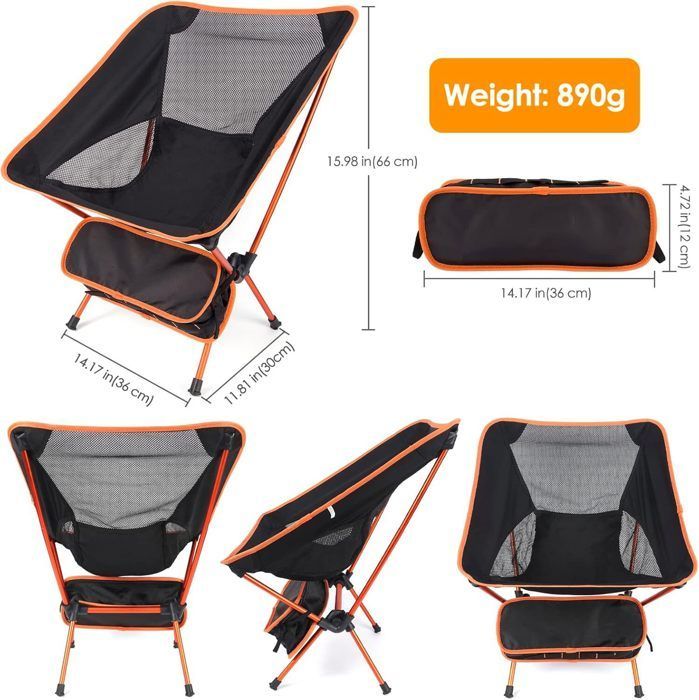 Silla plegable de camping, silla de playa ultraligera con bolsa de transporte, silla plegable de pesca (naranja y negro)