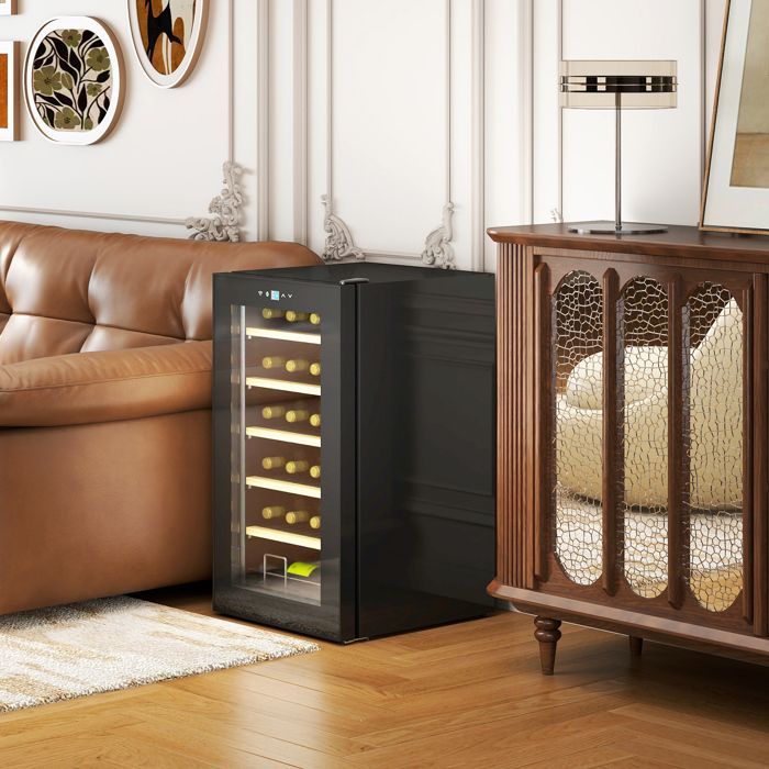 Vinoteca para 24 botellas - HOMCOM - Frigorífico silencioso de 65 L, 5-20 °C, pantalla táctil LED, 41 dB - Metal y plástico - Negro