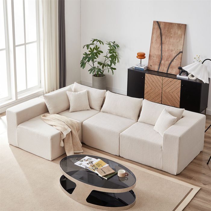 DRIPEX Canapé modulable 4 places en velours côtelé 335CM,Canapé compressé rembourré avec 4 coussins,combinaison libre,Beige