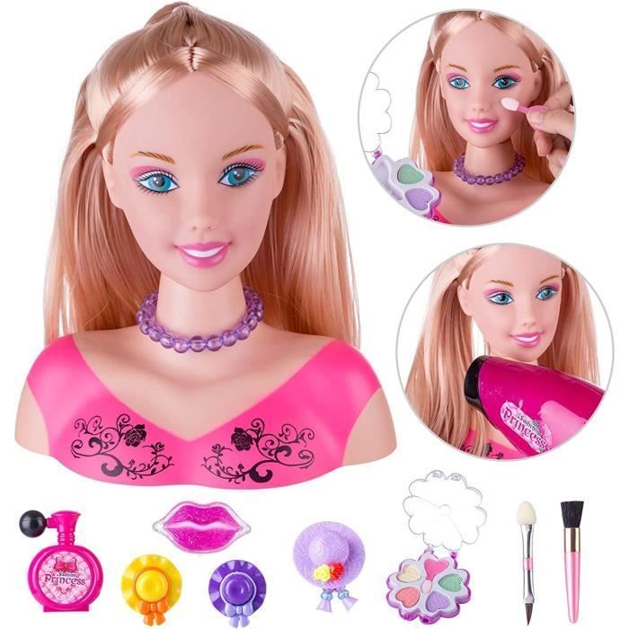 Children's Styling and Makeup Pretend Playset, 34-Piece Styling Head Doll Hairdressing Toy with Hair Dryer