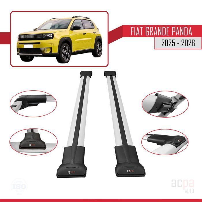 Barras de techo para Fiat Grande Panda 2025-2026, modelo FLY, portaequipajes para coche, aluminio gris, 2 barras.
