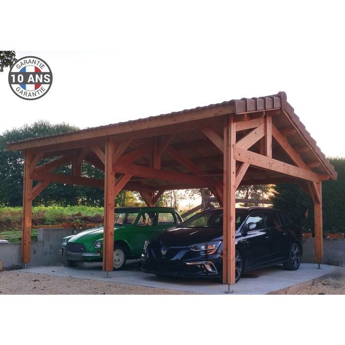 Carport Bois Douglas Français 25 m² – 2 pentes faitage décalé – 6 poteaux – Abri  extérieur véhicules – Garantie 10 ans