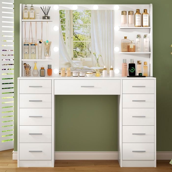 TEENFON Dressing Table with Mirror and Charging Station, Dressing Table with 11 Drawers, 4 Shelves, 107*40*140 cm, White