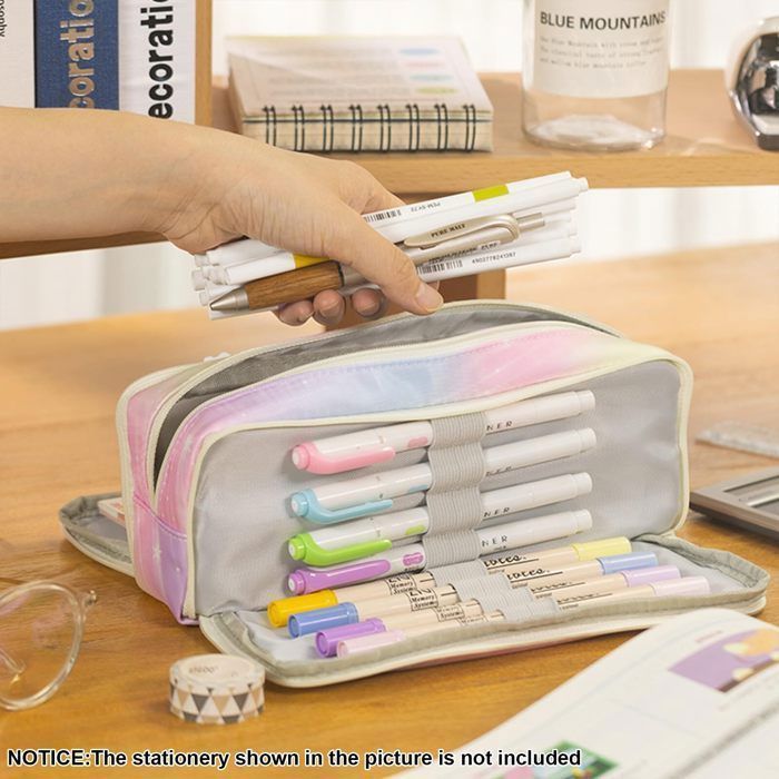 Pencil Case for Teenagers and Girls - 3 Compartments - Large Capacity - for School and Office (Pink Shooting Star)