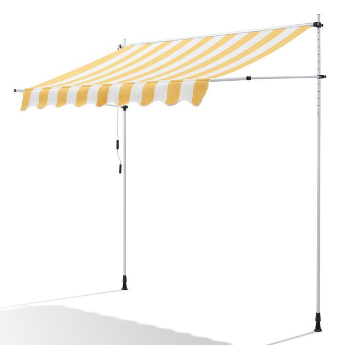 Manuelle Markise 200 x 150 cm – Kein Bohren erforderlich – Verstellbar mit Kurbel – Gelb und Weiß