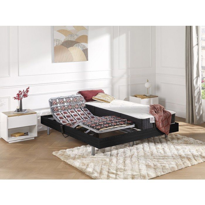 Cama elétrica de relaxamento com base de ripas + colchão de molas ensacadas e espuma viscoelástica - 2 x 90 x 200 cm - Preta - PHANES by YSMÉE