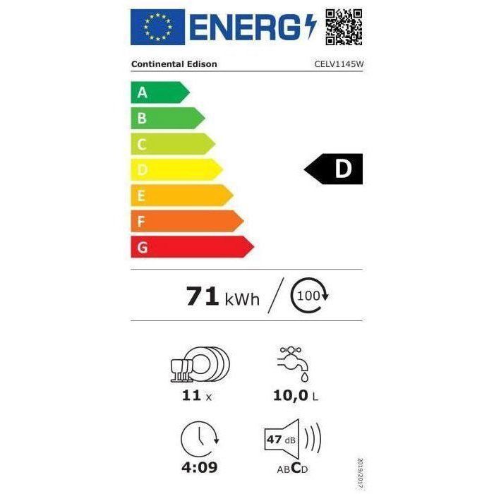 Lavastoviglie a libera installazione - CONTINENTAL EDISON - CELV1145W - 11 coperti - 45 cm - 45 dB - Bianca