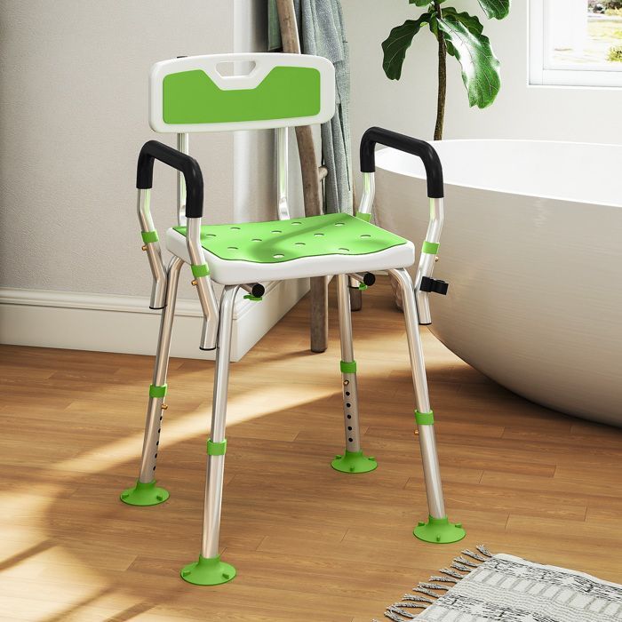 Tabouret de douche - HOMCOM - ergonomique - hauteur réglable - pieds antidérapants - charge max. 136 Kg - alu HDPE - blanc et vert