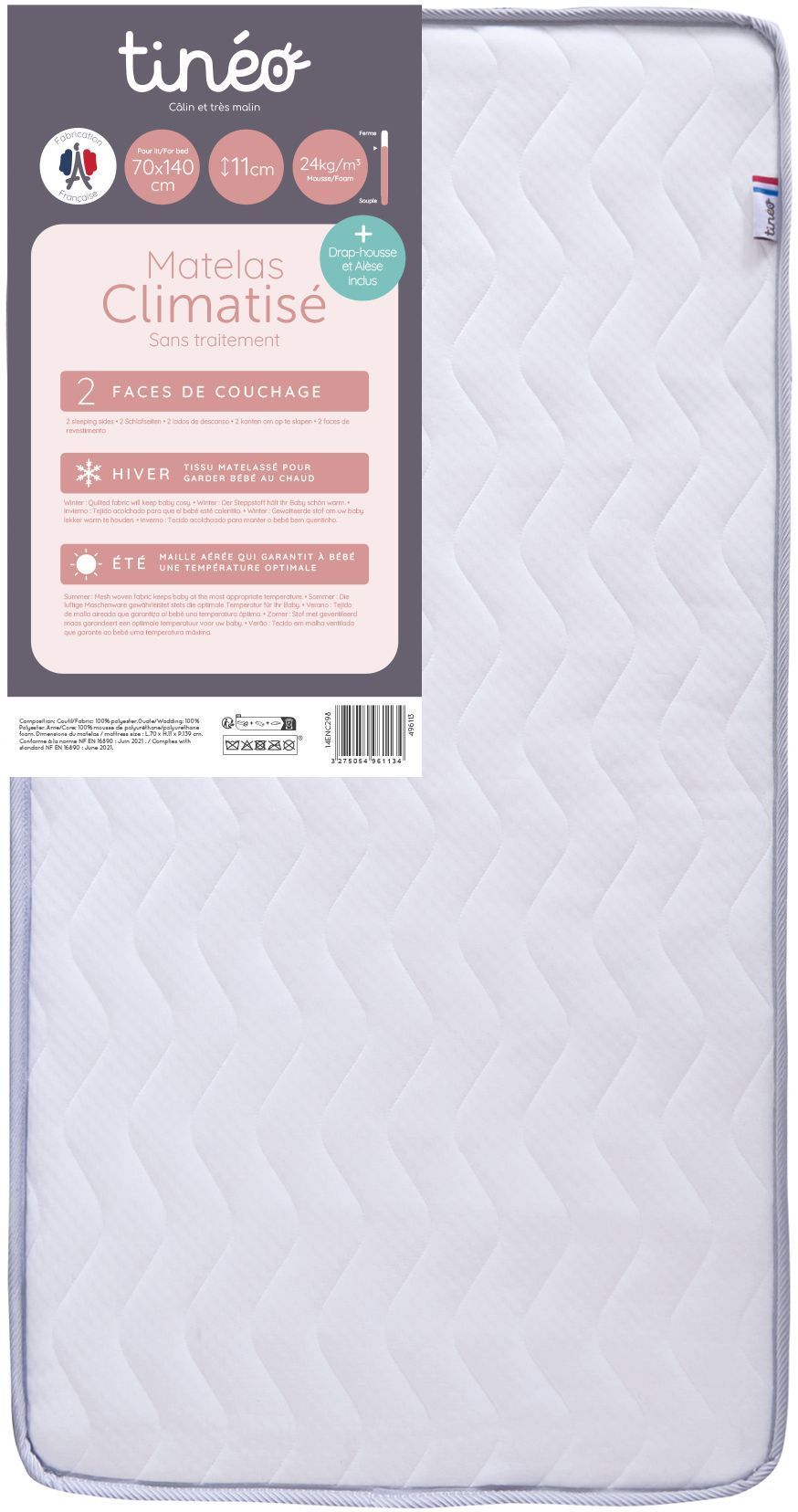 Matelas bébé climatisé - 70 x 140 cm - Epaisseur 11 cm - Avec Drap housse et Alèse - TINEO