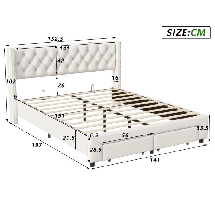 Volwassenenbed 140x190 cm - COZY - LED - fluwelen stof - lattenbodem - lade - bedframe 140x190 cm - beige