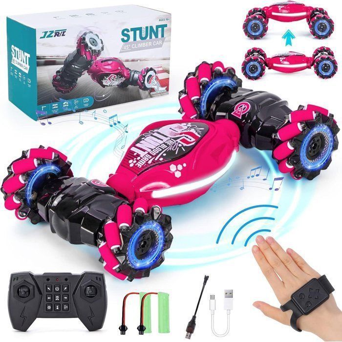Coche teledirigido todoterreno, 2,4 GHz, coche acrobático RC giratorio de 360°, juguete para niños de 6 a 12 años, coche teledirigido controlado por gestos, rosa.