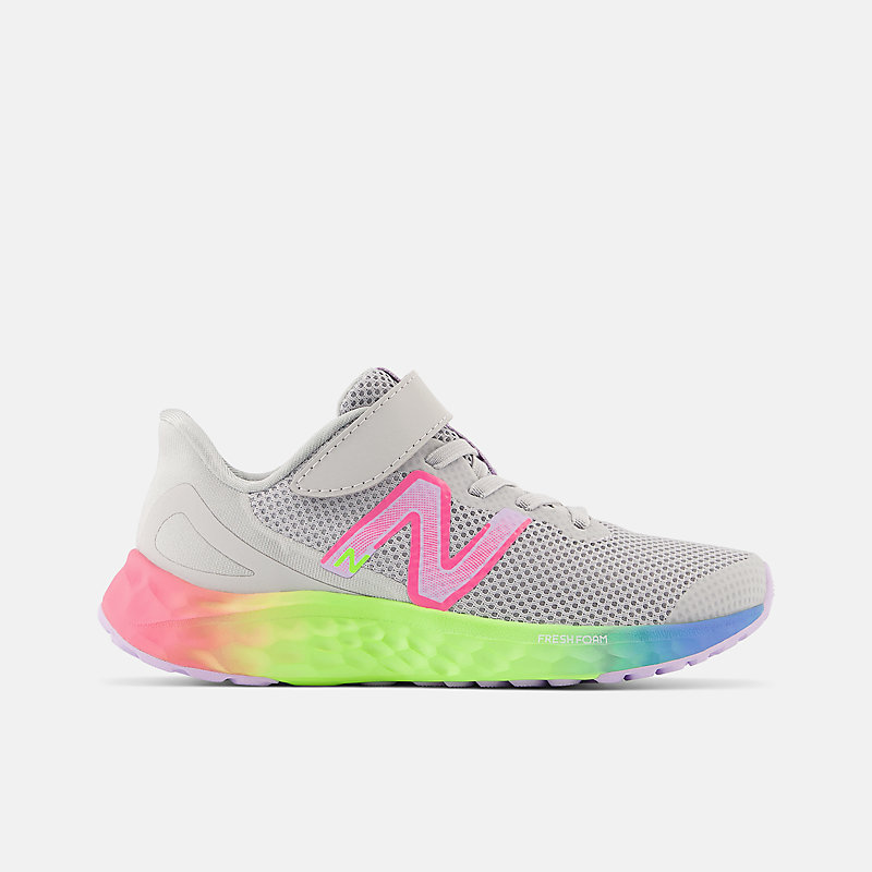 Dětská bungee krajka Fresh Foam Arishi v4 s horním popruhem - lehká hliníková v cyber fialové a neonově růžové barvě